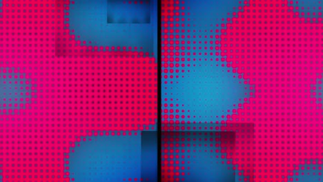 Animation-of-split-screen-with-grey-squares-and-pink-pixels-changing-size-on-blue-background