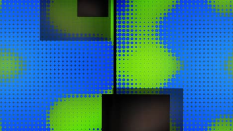 Animation-of-split-screen-with-grey-squares-and-blue-pixels-changing-size-on-green-background