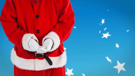 Animation-of-santa-claus-over-white-stars-on-blue-background