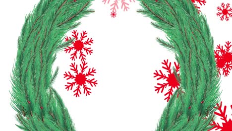 Animation-of-snow-falling-over-christmas-wreath-decoration-and-red-snowflakes-on-white-background