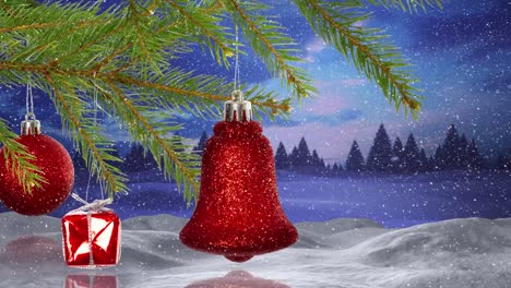 Animation-of-snow-falling-over-red-christmas-baubles-decorations