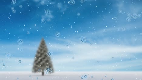 Animation-Von-Schnee,-Der-über-Den-Hintergrund-Einer-Winterlandschaft-Fällt