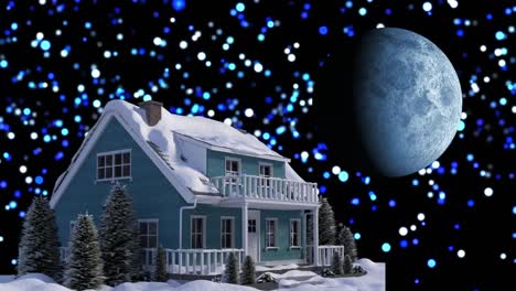 Animation-of-winter-christmas-scenery-with-house,-blue-spots-and-moon