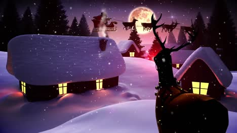 Animation-Des-Weihnachtsmanns-Im-Schlitten-Mit-Rentieren-über-Winterlandschaft-Und-Mond