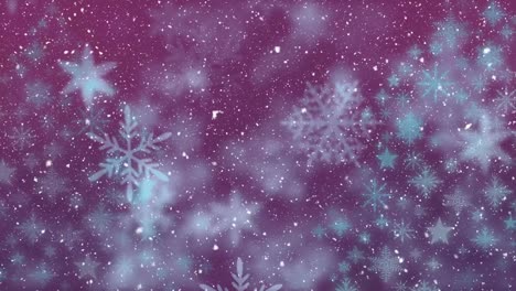 Animation-of-snow-falling-over-snowflakes-and-stars-on-red-background