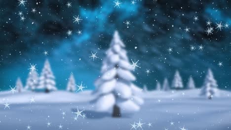 Animation-of-snow-falling-over-winter-fir-trees-landscape-background