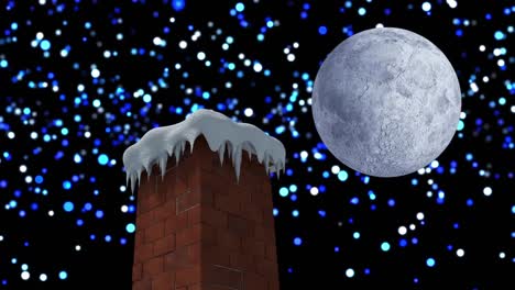 Animation-of-winter-christmas-scenery-with-chimney,-colourful-spots-falling-and-moon
