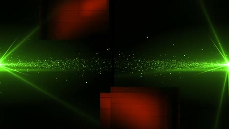 Animation-of-glowing-green-particles-of-light-moving-to-centre-from-left-and-right,-on-black