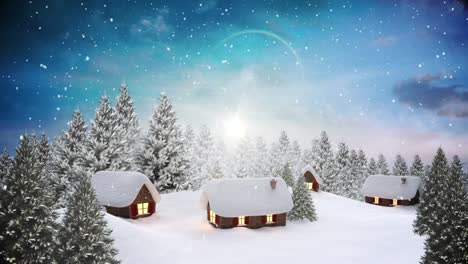 Animation-Von-Schnee,-Der-über-Winterlandschaften-Und-Häuser-Fällt