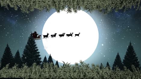 Animation-of-santa-claus-in-sleigh-with-reindeer-over-winter-landscape-and-moon