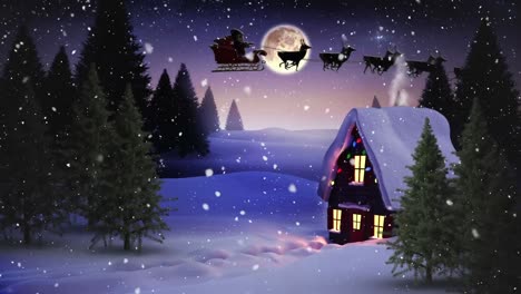 Animación-De-Santa-Claus-En-Trineo-Con-Renos-Sobre-Nieve-Cayendo,-Casa-Y-Luna