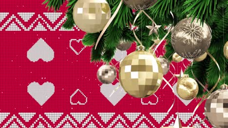 Animation-of-snow-falling-over-christmas-baubles-decoration-on-red-background