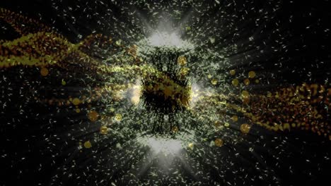 Animation-of-glowing-white-particles-moving-in-circular-motion-over-yellow-dot-landscape,-on-black