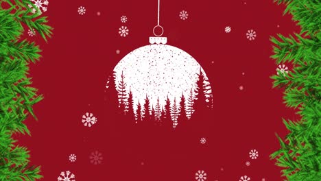Animation-of-snow-falling-over-red-christmas-bauble-and-fir-tree-decoration