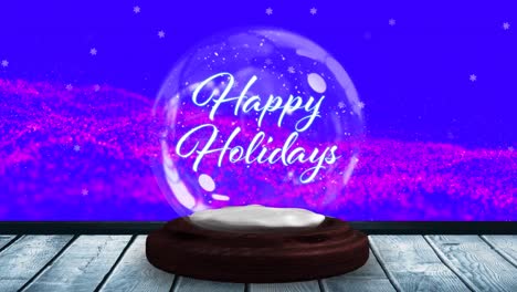 Animation-of-season's-greetings-text-in-snow-globe-and-shooting-star-on-blue-background