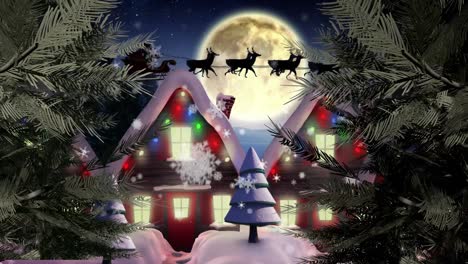 Animation-of-santa-claus-in-sleigh-with-reindeer-over-winter-landscape-and-moon