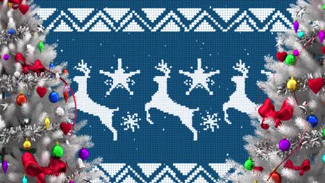 Animation-of-snow-falling-over-christmas-baubles-on-trees-decoration-on-blue-background