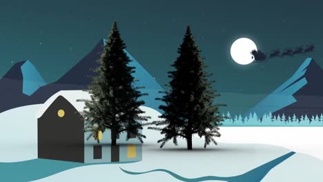 Animación-De-Santa-Claus-En-Trineo-Con-Renos-Sobre-Paisaje-Invernal-Y-Luna