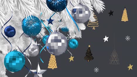 Animation-of-snow-falling-over-christmas-baubles-decoration-on-grey-background