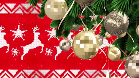 Animation-of-snow-falling-over-christmas-baubles-and-fir-tree-decoration-on-red-reindeer-background