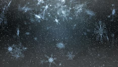 Animation-of-snow-falling-and-glowing-lights-on-grey-background