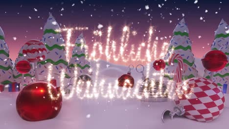 Animation-of-christmas-season's-greetings-over-winter-scenery-with-snow-and-christmas-decorations