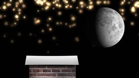 Animation-of-winter-christmas-scenery-with-chimney,-snow-falling-and-moon