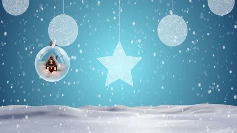 Animation-of-snow-falling-over-christmas-decoration-with-baubles