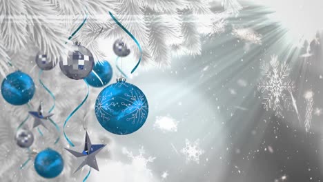Animation-of-snow-falling-over-silver-and-blue-christmas-baubles-decoration