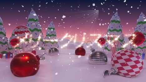 Animation-Der-Weihnachtsgrüße-über-Einer-Winterlandschaft-Mit-Schnee-Und-Weihnachtsdekorationen