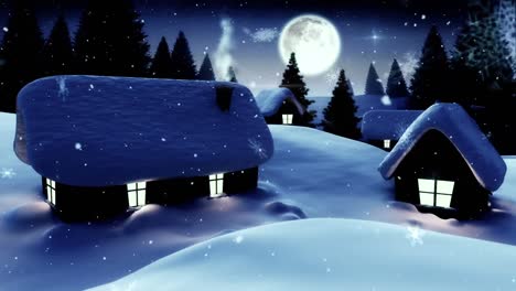 Animation-of-snow-falling-over-winter-scenery-and-moon