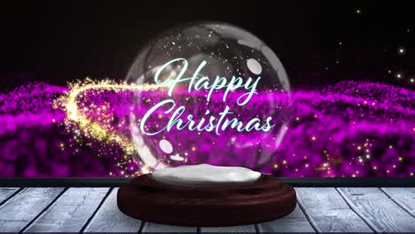 Animation-of-season's-greetings-text-in-snow-globe-and-shooting-star-on-black-background