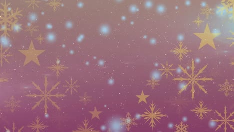 Animation-of-snow-falling-over-snowflakes-and-stars-on-red-background