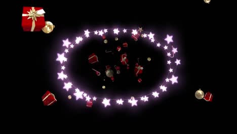 Animation-of-fairy-lights-frame-with-copy-space-and-presents-on-red-background