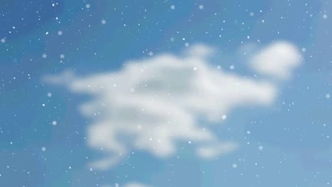 Animation-of-snow-falling-over-clouds-and-blue-sky