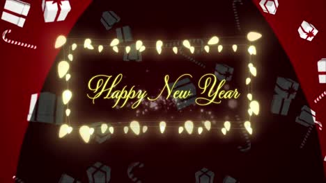 Animation-of-new-year-season's-greetings-text-in-fairy-lights-frame-with-presents-on-red-background
