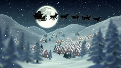 Animation-Des-Weihnachtsmanns-Im-Schlitten-Mit-Rentieren-über-Winterlandschaft-Und-Mond
