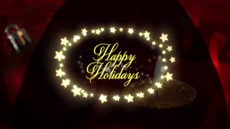 Animation-of-season's-greetings-text-in-fairy-lights-frame-with-presents-on-red-background