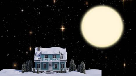 Animation-Einer-Winterlichen-Weihnachtslandschaft-Mit-Haus,-Sternen-Und-Mond
