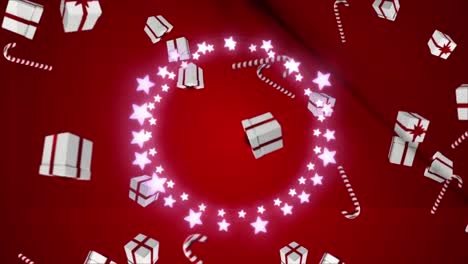 Animation-of-fairy-lights-frame-with-copy-space-and-presents-on-red-background