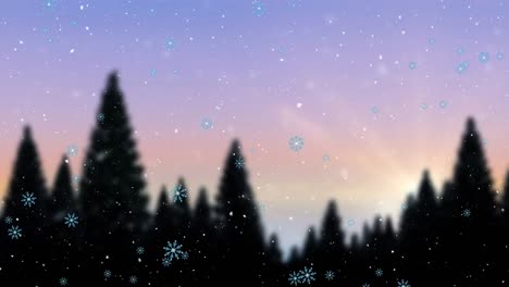 Animation-Von-Schnee,-Der-über-Den-Hintergrund-Einer-Winterlandschaft-Fällt