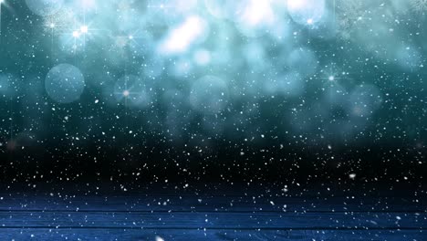 Animation-of-snow-falling-over-blue-spots-of-light-and-wooden-boards