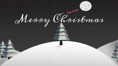 Animation-of-merry-christmas-text-over-fir-trees-and-winter-landscape