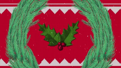 Animation-of-snow-falling-over-christmas-decoration-with-fir-tree-wreath