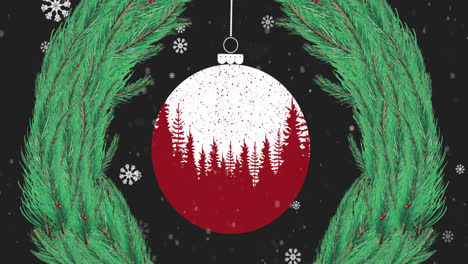 Animation-of-snow-falling-over-christmas-decoration-with-fir-tree-wreath