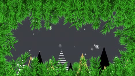 Animation-of-snow-falling-over-christmas-trees-and-decorations