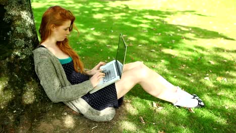 Gorgeous-redhead-typing-on-notebook-leaning-against-tree