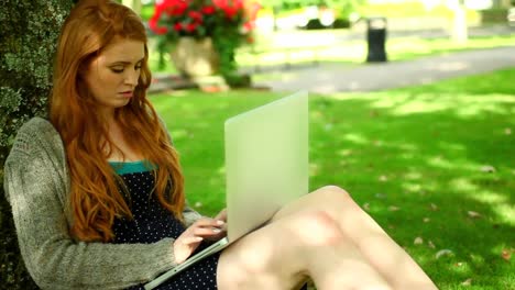 Cute-redhead-working-with-her-notebook-sitting-on-lawn
