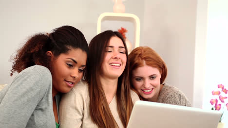Young-female-friends-using-notebook-sitting-on-couch