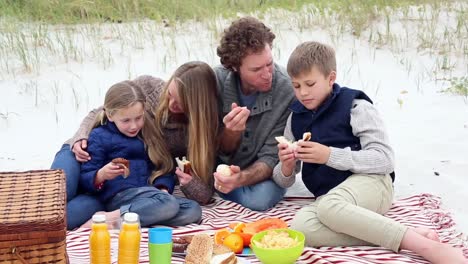 Glückliche-Junge-Familie,-Die-Ein-Picknick-Am-Strand-Macht